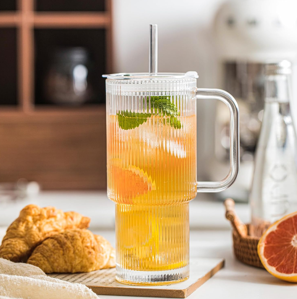 Fluted Glass Tumbler with reusable Straw, Handle & Lid