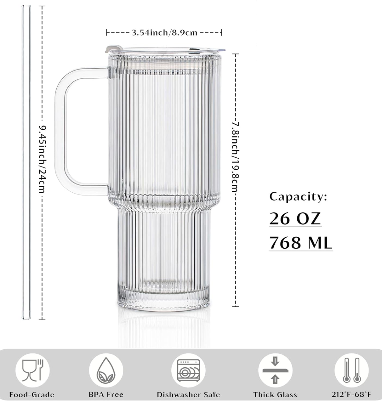 Fluted Glass Tumbler with reusable Straw, Handle & Lid