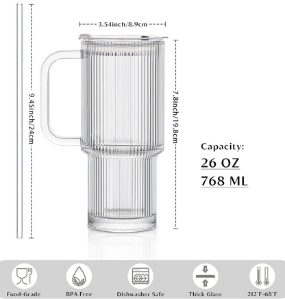 Fluted Glass Tumbler with reusable Straw, Handle & Lid