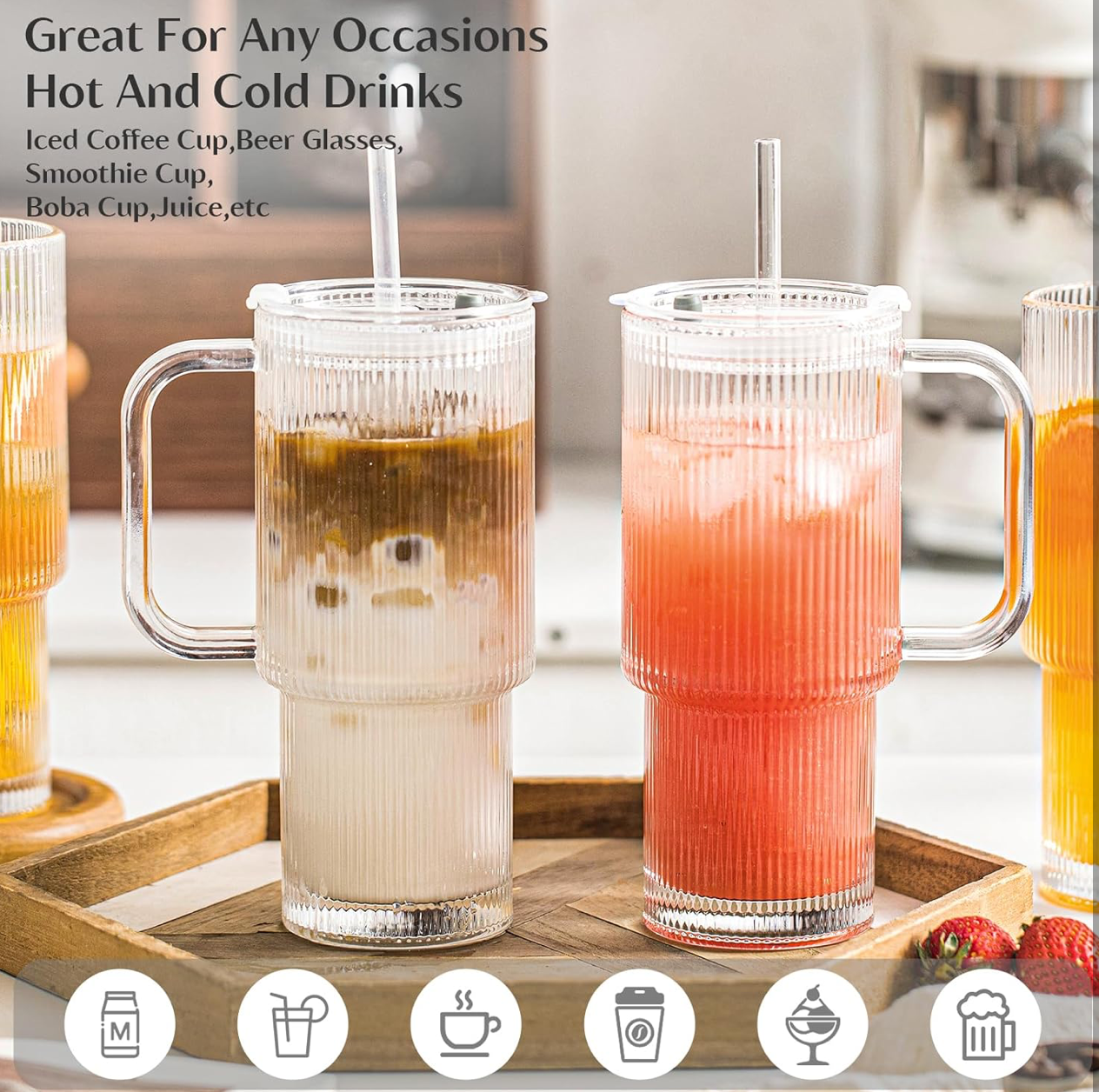 Fluted Glass Tumbler with reusable Straw, Handle & Lid