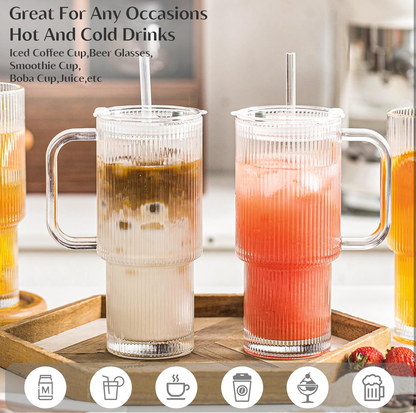 Fluted Glass Tumbler with reusable Straw, Handle & Lid