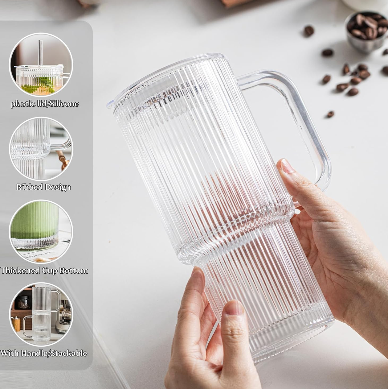 Fluted Glass Tumbler with reusable Straw, Handle & Lid