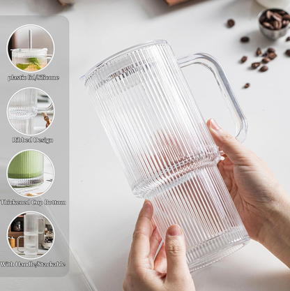 Fluted Glass Tumbler with reusable Straw, Handle & Lid