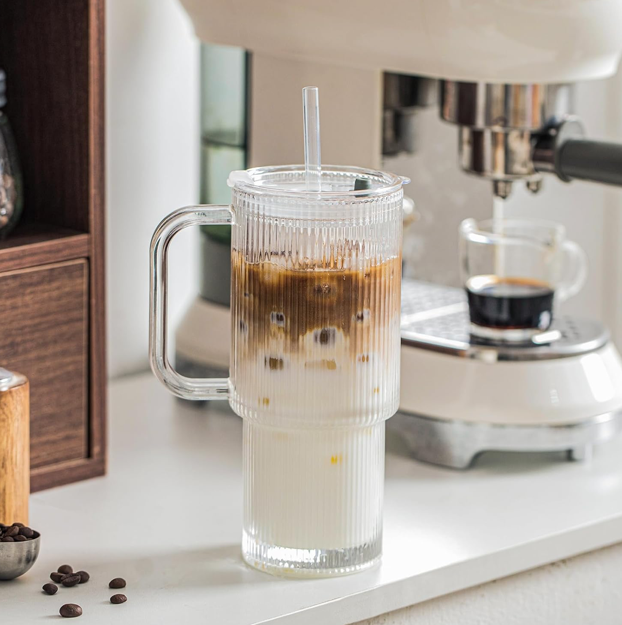 Fluted Glass Tumbler with reusable Straw, Handle & Lid