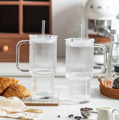 Fluted Glass Tumbler with reusable Straw, Handle & Lid