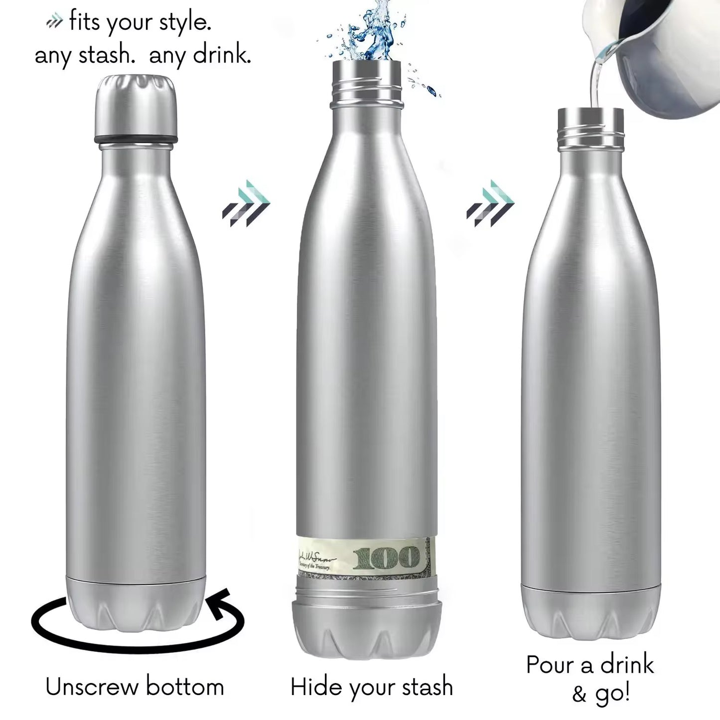 Stainless Steel Insulated Water Bottle with Secret Storage Compartment (750ml)