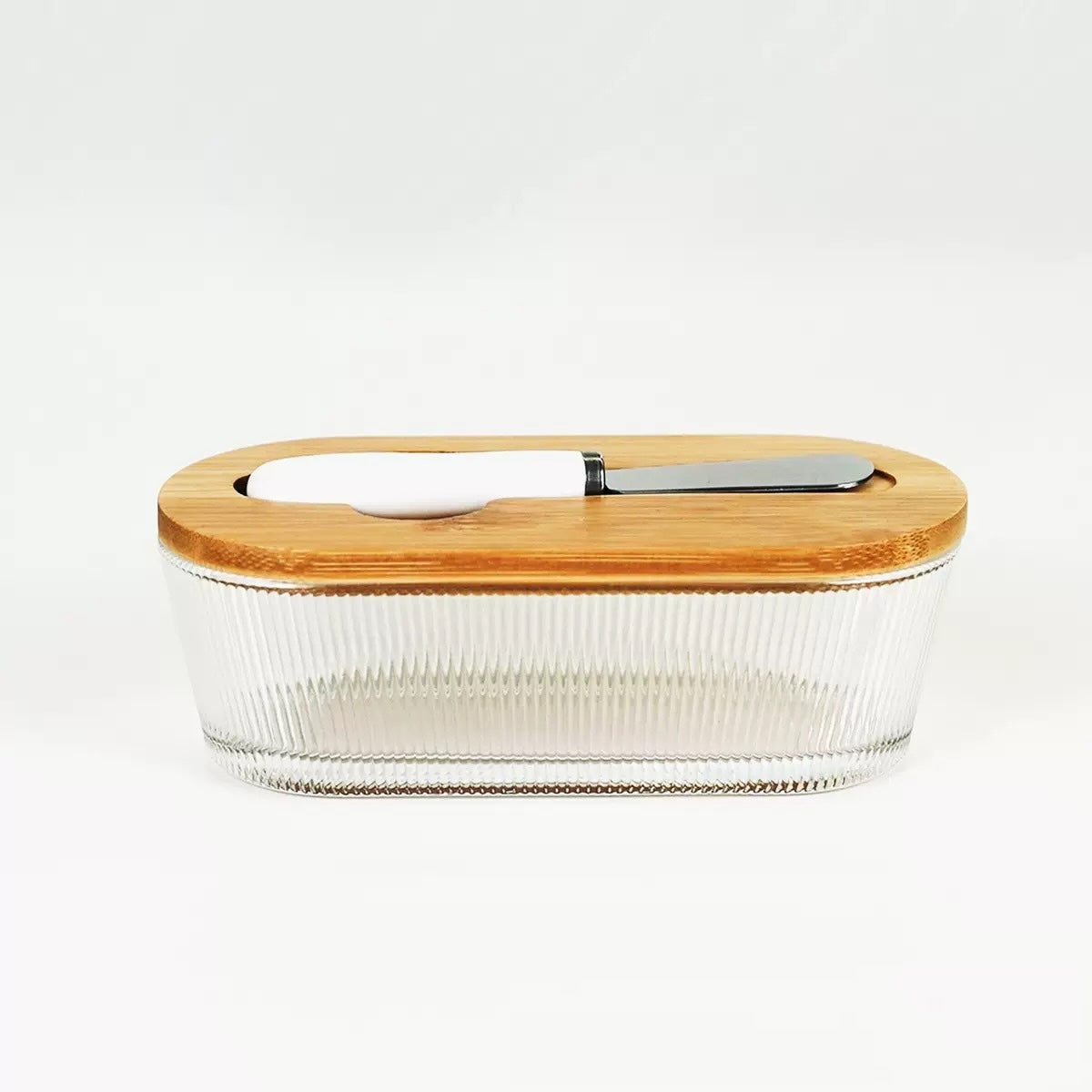 Fluted Glass Butter Dish With Lid For Countertop, Ribbed Glass Butter Dish With Bamboo Lid And Knife, Large Butter Container For East & West Coast Butter, Covered Butter Dishes For Refrigerator