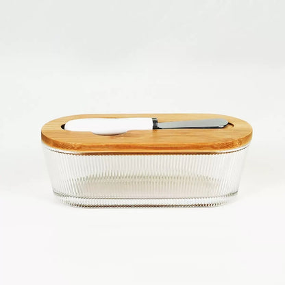 Fluted Glass Butter Dish With Lid For Countertop, Ribbed Glass Butter Dish With Bamboo Lid And Knife, Large Butter Container For East & West Coast Butter, Covered Butter Dishes For Refrigerator