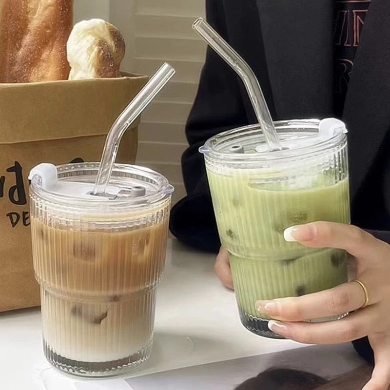 SipEase™ 450ml Fluted  Glass-Look Tumbler with Lid & Straw | Reusable Coffee, Tea & Juice Cup