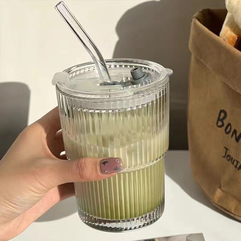 SipEase™ 450ml Fluted  Glass-Look Tumbler with Lid & Straw | Reusable Coffee, Tea & Juice Cup