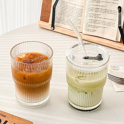 SipEase™ 450ml Fluted  Glass-Look Tumbler with Lid & Straw | Reusable Coffee, Tea & Juice Cup