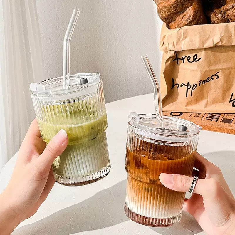 SipEase™ 450ml Fluted  Glass-Look Tumbler with Lid & Straw | Reusable Coffee, Tea & Juice Cup