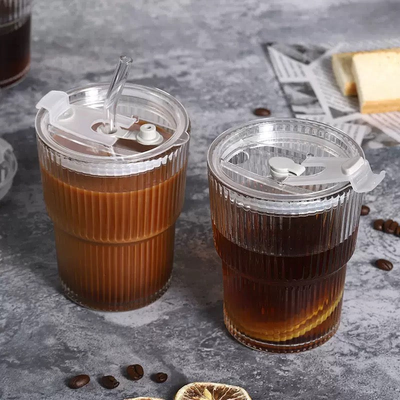 SipEase™ 450ml Fluted  Glass-Look Tumbler with Lid & Straw | Reusable Coffee, Tea & Juice Cup