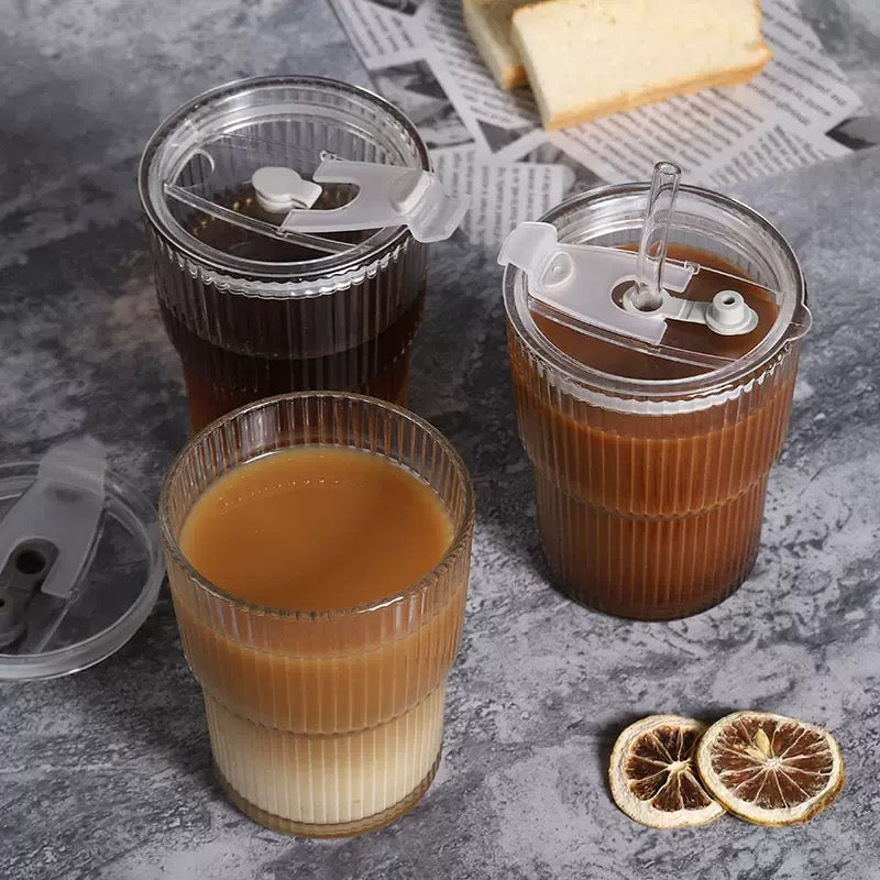 SipEase™ 450ml Fluted  Glass-Look Tumbler with Lid & Straw | Reusable Coffee, Tea & Juice Cup