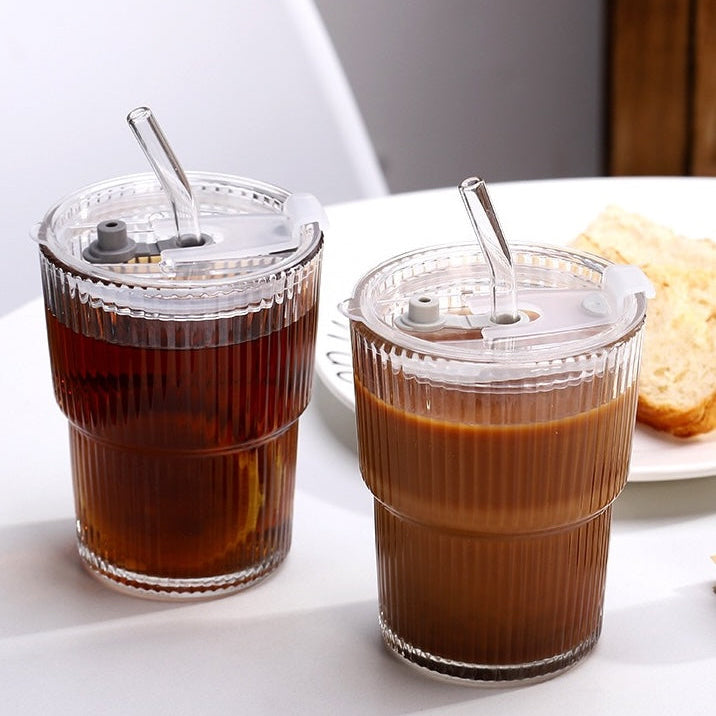 SipEase™ 450ml Fluted  Glass-Look Tumbler with Lid & Straw | Reusable Coffee, Tea & Juice Cup