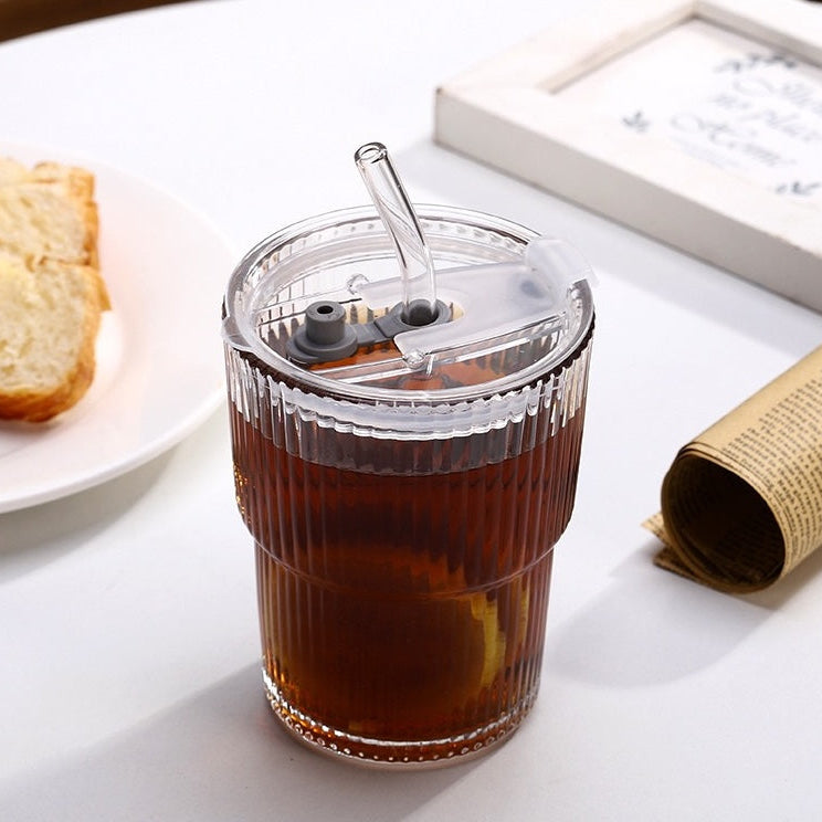 SipEase™ 450ml Fluted  Glass-Look Tumbler with Lid & Straw | Reusable Coffee, Tea & Juice Cup
