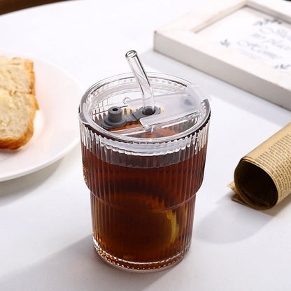 SipEase™ 450ml Fluted  Glass-Look Tumbler with Lid & Straw | Reusable Coffee, Tea & Juice Cup