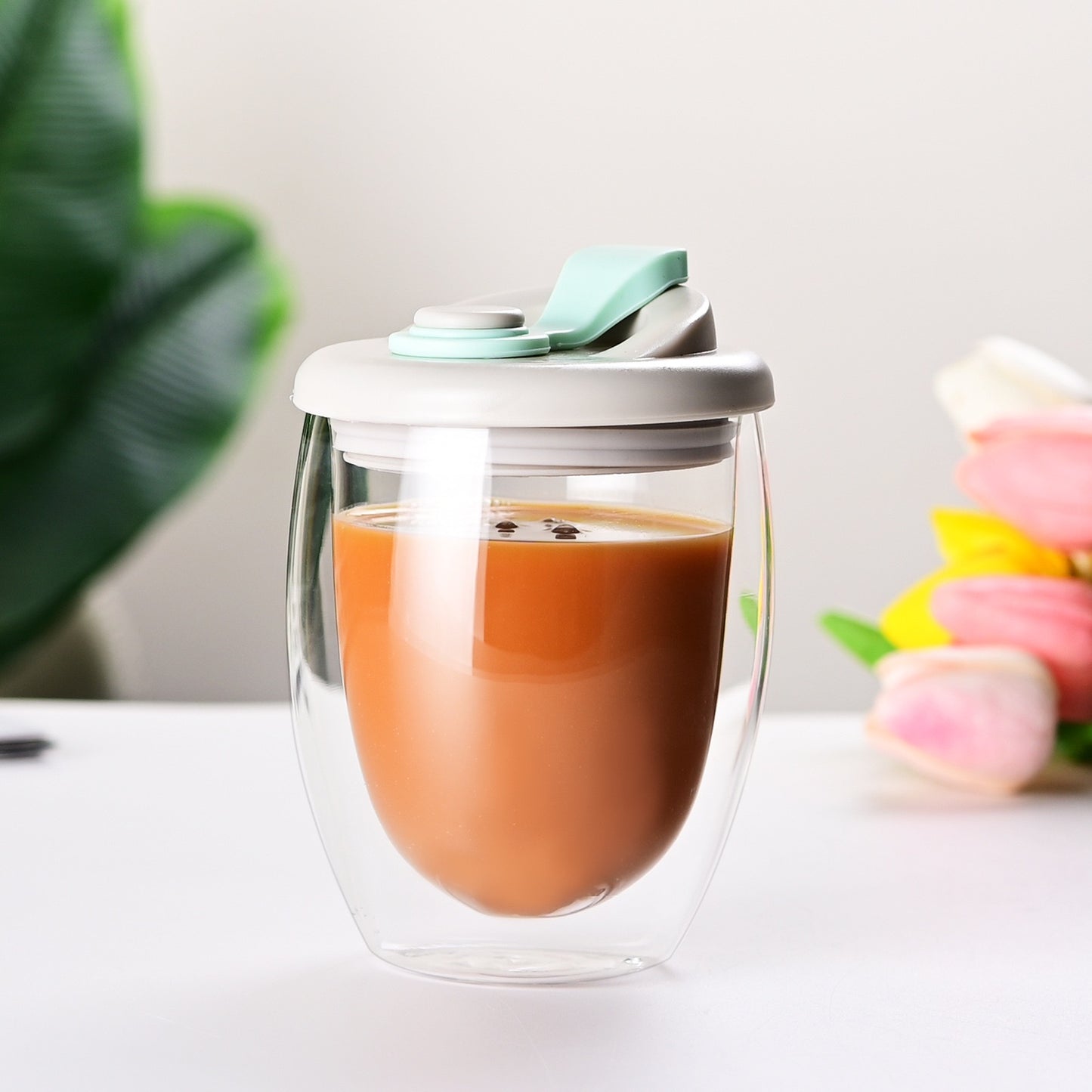 Double Layer Glass Cup with Lid