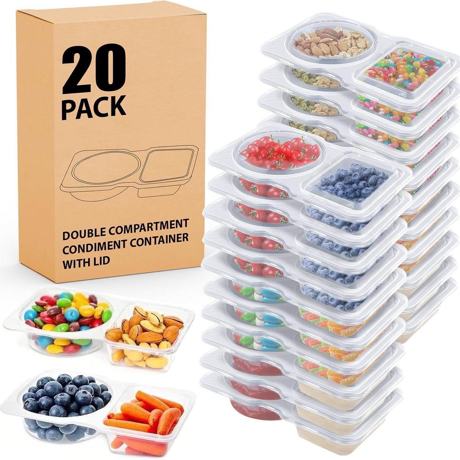 Double Compartment Condiment,Dips Container with Lid (Pack of 20)