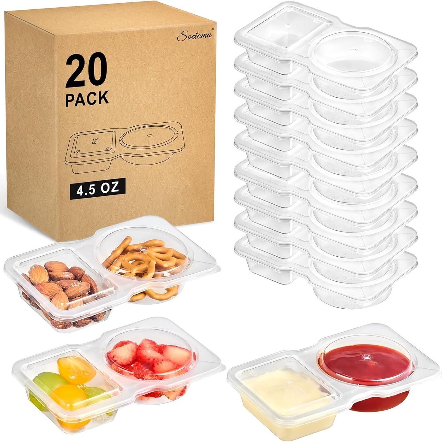 Double Compartment Condiment,Dips Container with Lid (Pack of 20)
