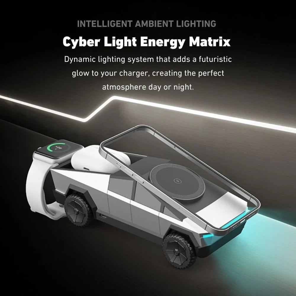 3 in 1 CyberDock+ Cyber Truck inspired Motorised MagSafe Charging Dock