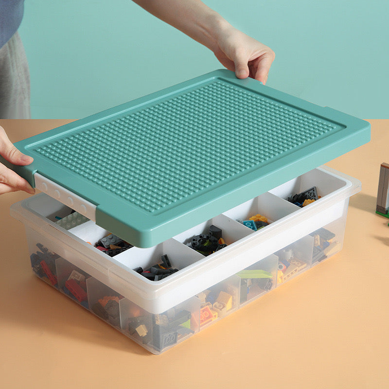 Toys Storage Organizer Box for Lego, Toy Storage Box with Building Plate Lid and Removable Tray, Building Block Storage, Stackable Plastic Organizer Bins