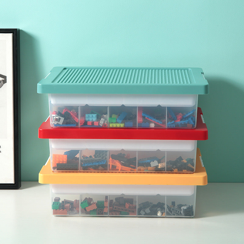 Toys Storage Organizer Box for Lego, Toy Storage Box with Building Plate Lid and Removable Tray, Building Block Storage, Stackable Plastic Organizer Bins