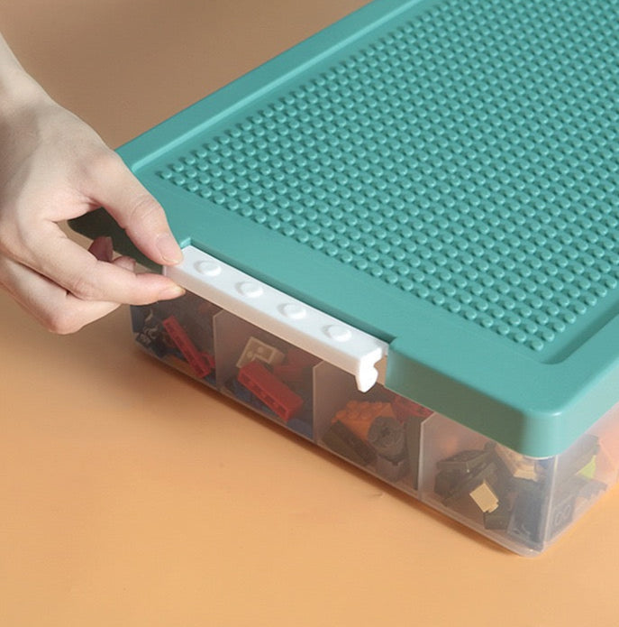 Toys Storage Organizer Box for Lego, Toy Storage Box with Building Plate Lid and Removable Tray, Building Block Storage, Stackable Plastic Organizer Bins
