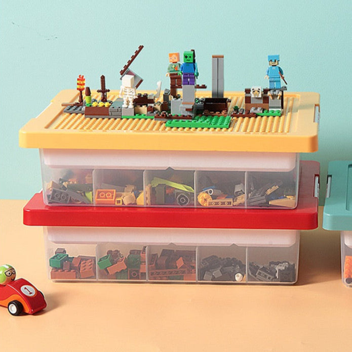 Toys Storage Organizer Box for Lego, Toy Storage Box with Building Plate Lid and Removable Tray, Building Block Storage, Stackable Plastic Organizer Bins