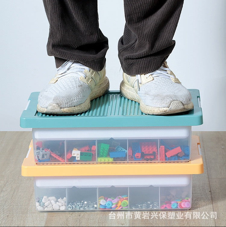 Toys Storage Organizer Box for Lego, Toy Storage Box with Building Plate Lid and Removable Tray, Building Block Storage, Stackable Plastic Organizer Bins