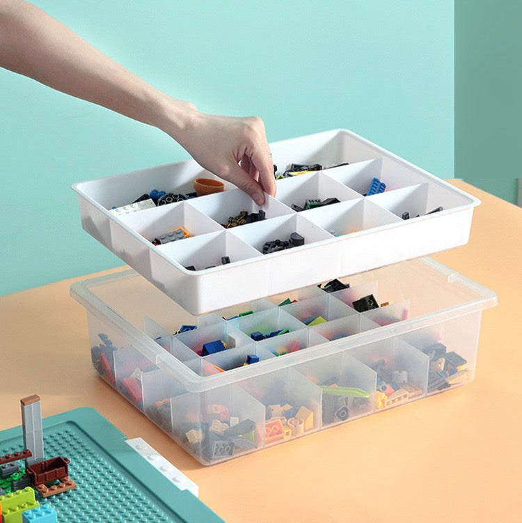 Toys Storage Organizer Box for Lego, Toy Storage Box with Building Plate Lid and Removable Tray, Building Block Storage, Stackable Plastic Organizer Bins