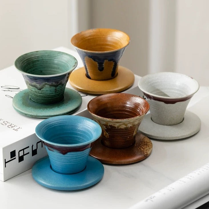 Japanese-theme Ceramic Cone Tea Cup with Base (Set of 2)