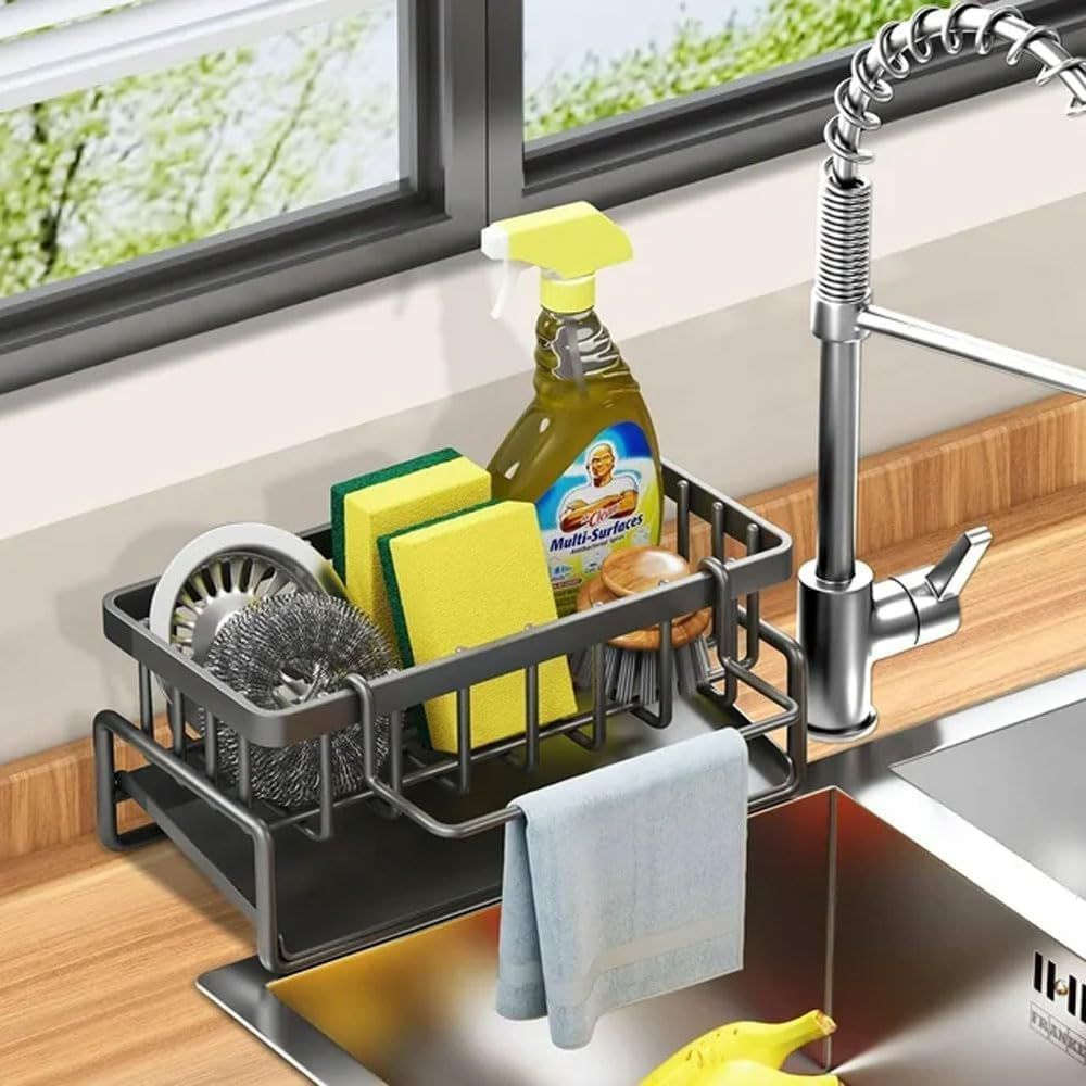 Sink Caddy Kitchen Sink Organizer Rack with Automatic Drain Tray | Stainless Steel Countertop Storage Holder for Sponges, Soap, Brushes & Dishwashing Liquid – Rustproof & Quick Dry Design