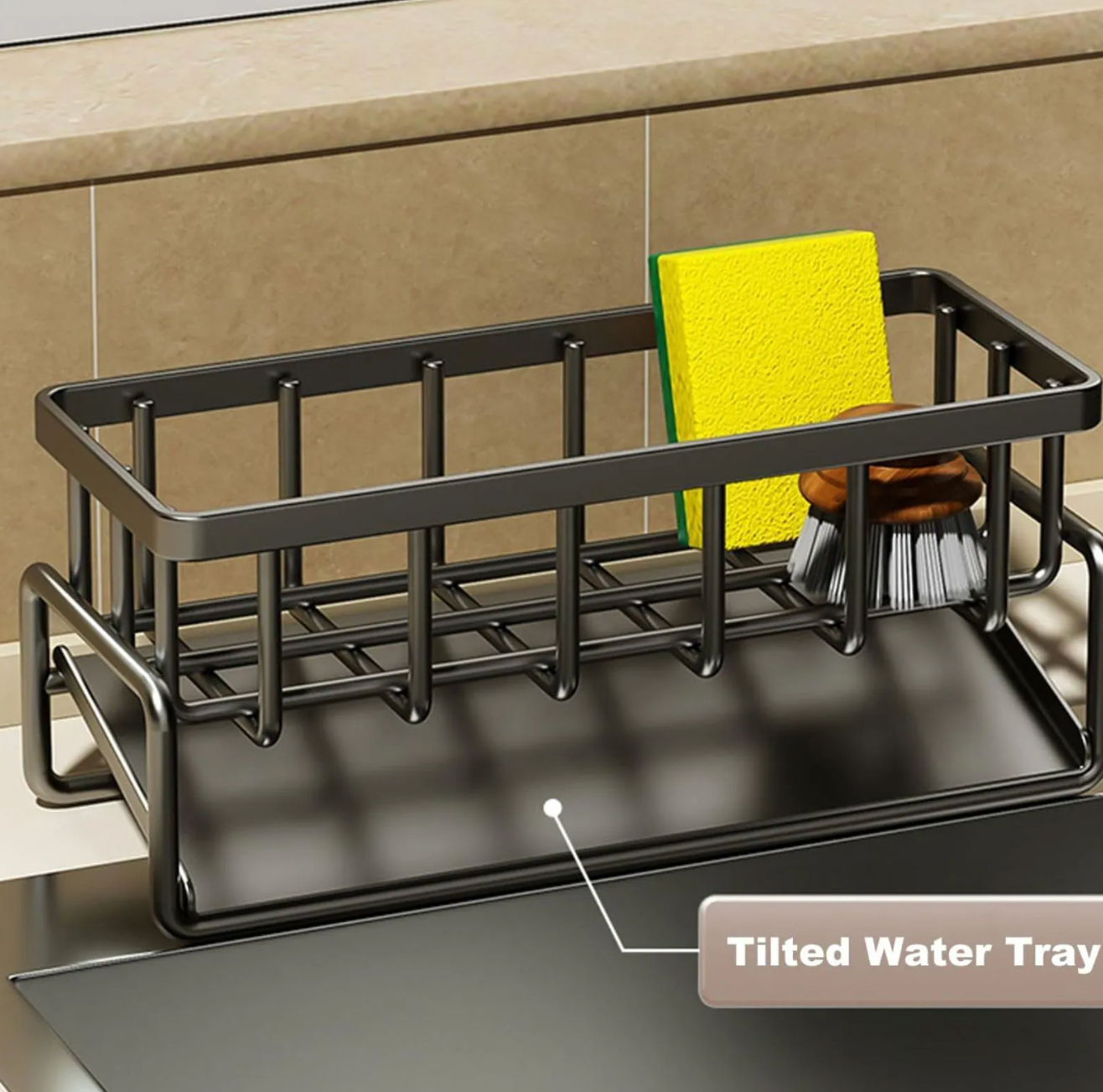 Sink Caddy Kitchen Sink Organizer Rack with Automatic Drain Tray | Stainless Steel Countertop Storage Holder for Sponges, Soap, Brushes & Dishwashing Liquid – Rustproof & Quick Dry Design