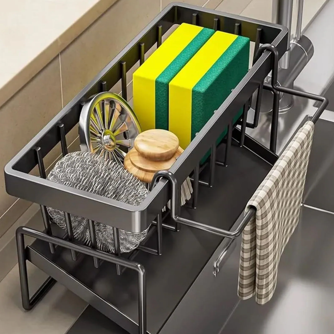 Sink Caddy Kitchen Sink Organizer Rack with Automatic Drain Tray | Stainless Steel Countertop Storage Holder for Sponges, Soap, Brushes & Dishwashing Liquid – Rustproof & Quick Dry Design