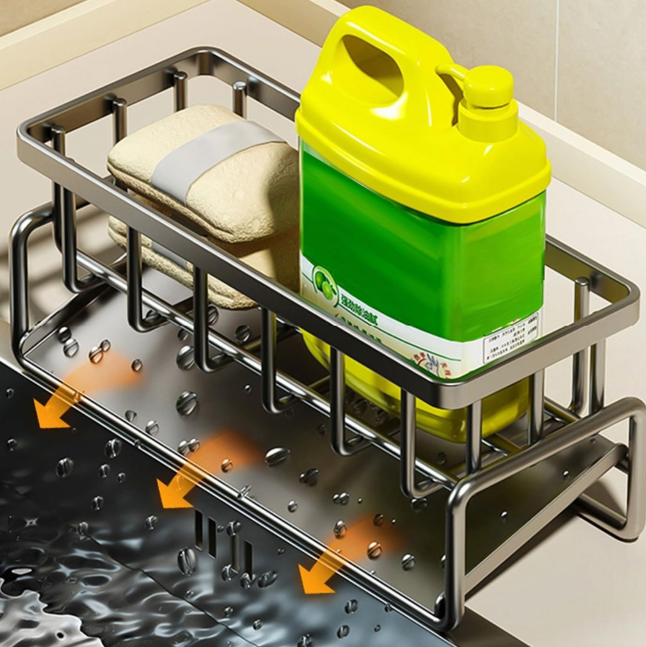Sink Caddy Kitchen Sink Organizer Rack with Automatic Drain Tray | Stainless Steel Countertop Storage Holder for Sponges, Soap, Brushes & Dishwashing Liquid – Rustproof & Quick Dry Design
