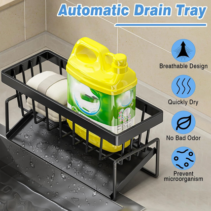 Sink Caddy Kitchen Sink Organizer Rack with Automatic Drain Tray | Stainless Steel Countertop Storage Holder for Sponges, Soap, Brushes & Dishwashing Liquid – Rustproof & Quick Dry Design