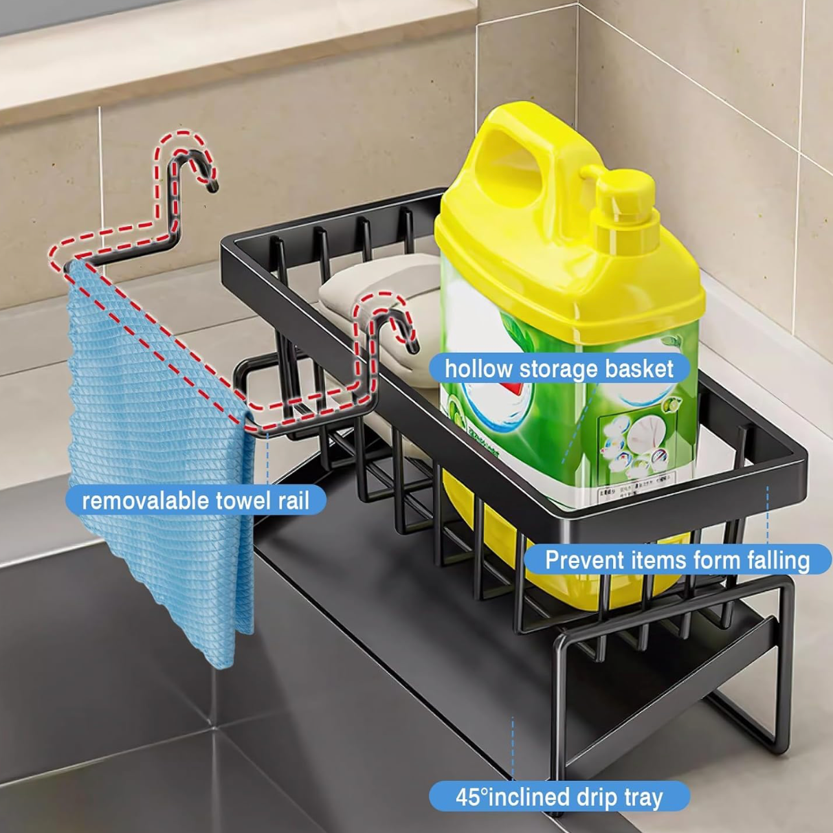 Sink Caddy Kitchen Sink Organizer Rack with Automatic Drain Tray | Stainless Steel Countertop Storage Holder for Sponges, Soap, Brushes & Dishwashing Liquid – Rustproof & Quick Dry Design