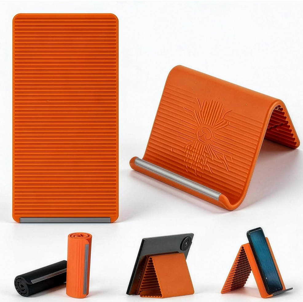 Flexible Portable Foldable Silicone Aluminum Phone Stand for Desk & Travel, Adjustable Non-Slip Universal Phone & Tablet Holder for Home, Kitchen, Office