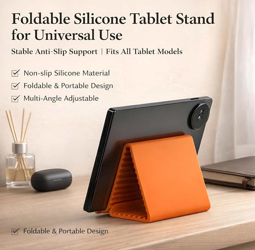 Flexible Portable Foldable Silicone Aluminum Phone Stand for Desk & Travel, Adjustable Non-Slip Universal Phone & Tablet Holder for Home, Kitchen, Office