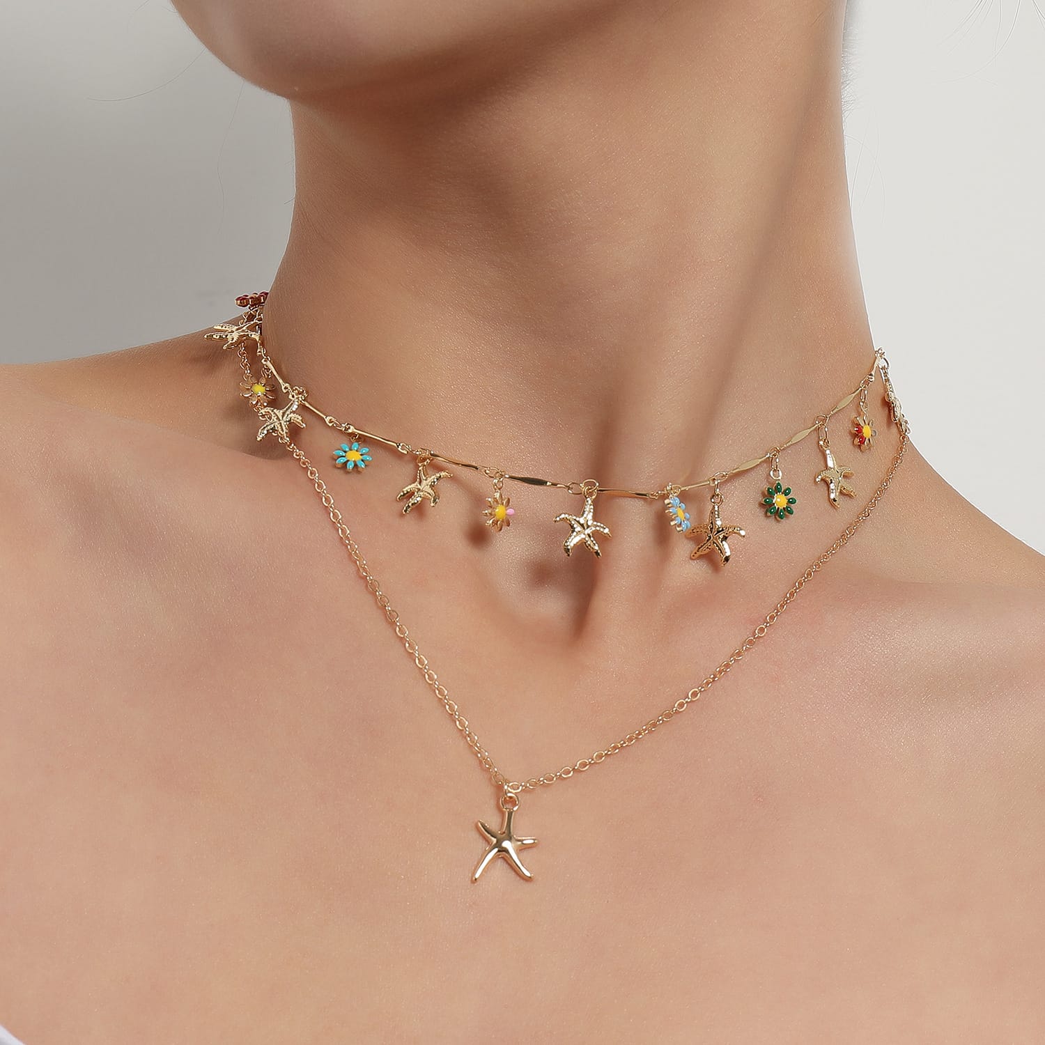 Starfish beach themed double layered necklace