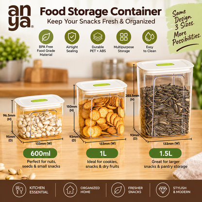 Anya Food Storage  Set of 2 Container Set | 600ml, 1L & 1.5L | Airtight PET + ABS Kitchen Storage Containers with Built-in Sorting Tray | Transparent Snack & Dry Food Organizers
