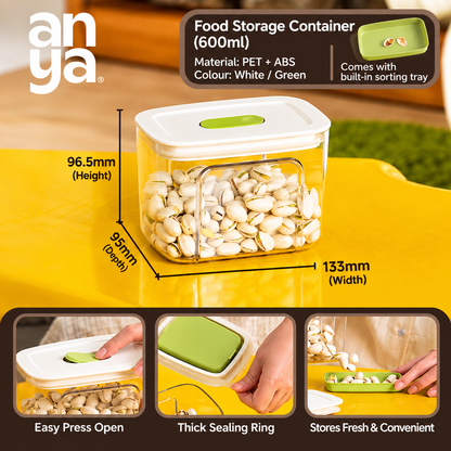 Anya Food Storage  Set of 2 Container Set | 600ml, 1L & 1.5L | Airtight PET + ABS Kitchen Storage Containers with Built-in Sorting Tray | Transparent Snack & Dry Food Organizers