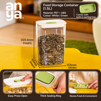 Anya Food Storage  Set of 2 Container Set | 600ml, 1L & 1.5L | Airtight PET + ABS Kitchen Storage Containers with Built-in Sorting Tray | Transparent Snack & Dry Food Organizers