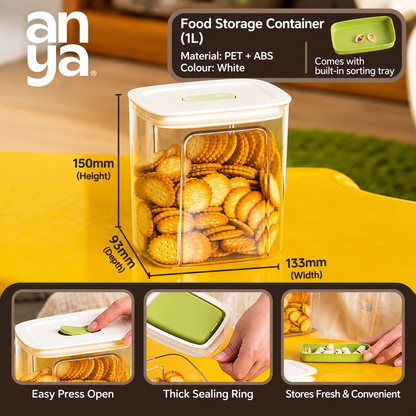 Anya Food Storage  Set of 2 Container Set | 600ml, 1L & 1.5L | Airtight PET + ABS Kitchen Storage Containers with Built-in Sorting Tray | Transparent Snack & Dry Food Organizers