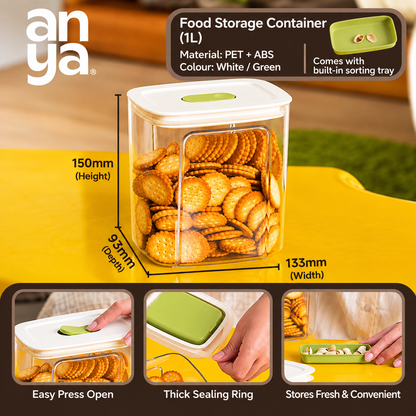 Anya Food Storage  Set of 2 Container Set | 600ml, 1L & 1.5L | Airtight PET + ABS Kitchen Storage Containers with Built-in Sorting Tray | Transparent Snack & Dry Food Organizers