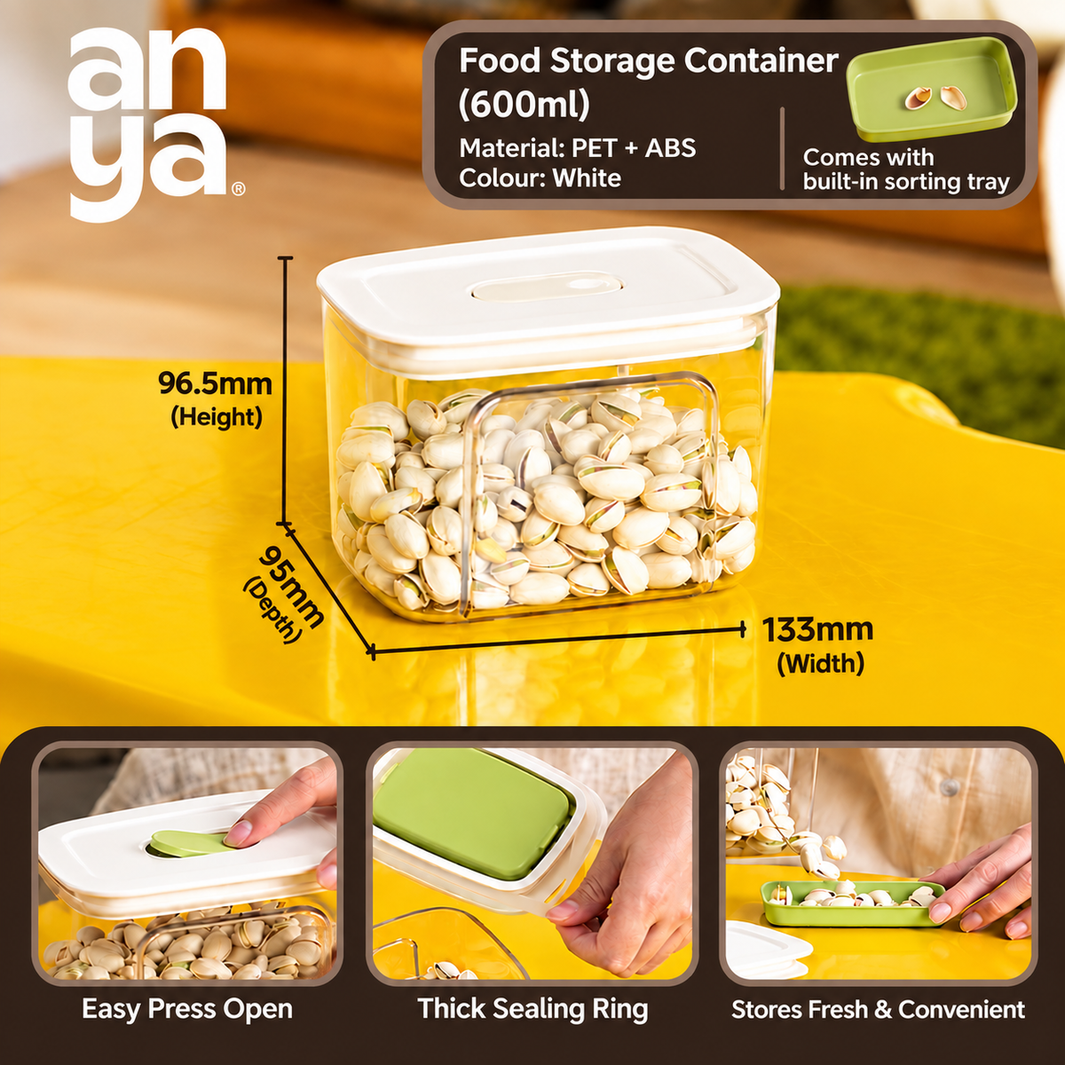 Anya Food Storage  Set of 2 Container Set | 600ml, 1L & 1.5L | Airtight PET + ABS Kitchen Storage Containers with Built-in Sorting Tray | Transparent Snack & Dry Food Organizers