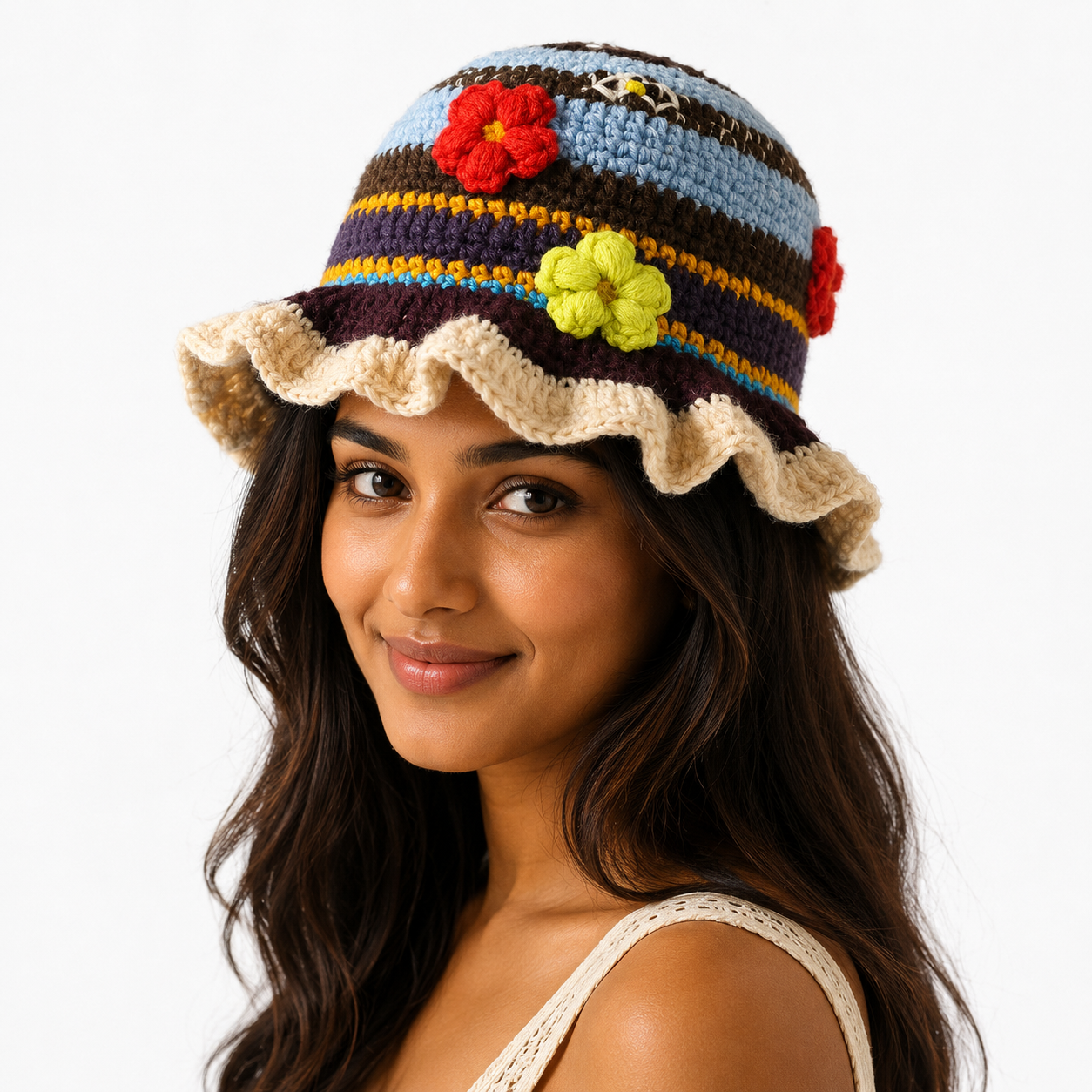 BloomWeave™ Handmade Crochet Floral Sun Hat for Women | Lightweight Knitted Bucket Hat with Decorative Flowers | Boho Summer Beach & Vacation Hat