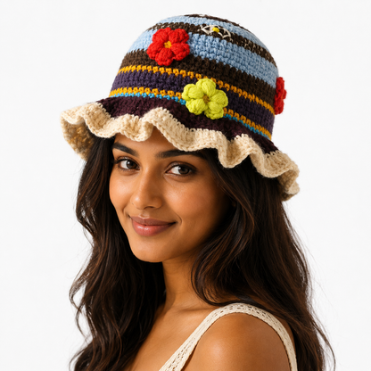 BloomWeave™ Handmade Crochet Floral Sun Hat for Women | Lightweight Knitted Bucket Hat with Decorative Flowers | Boho Summer Beach & Vacation Hat